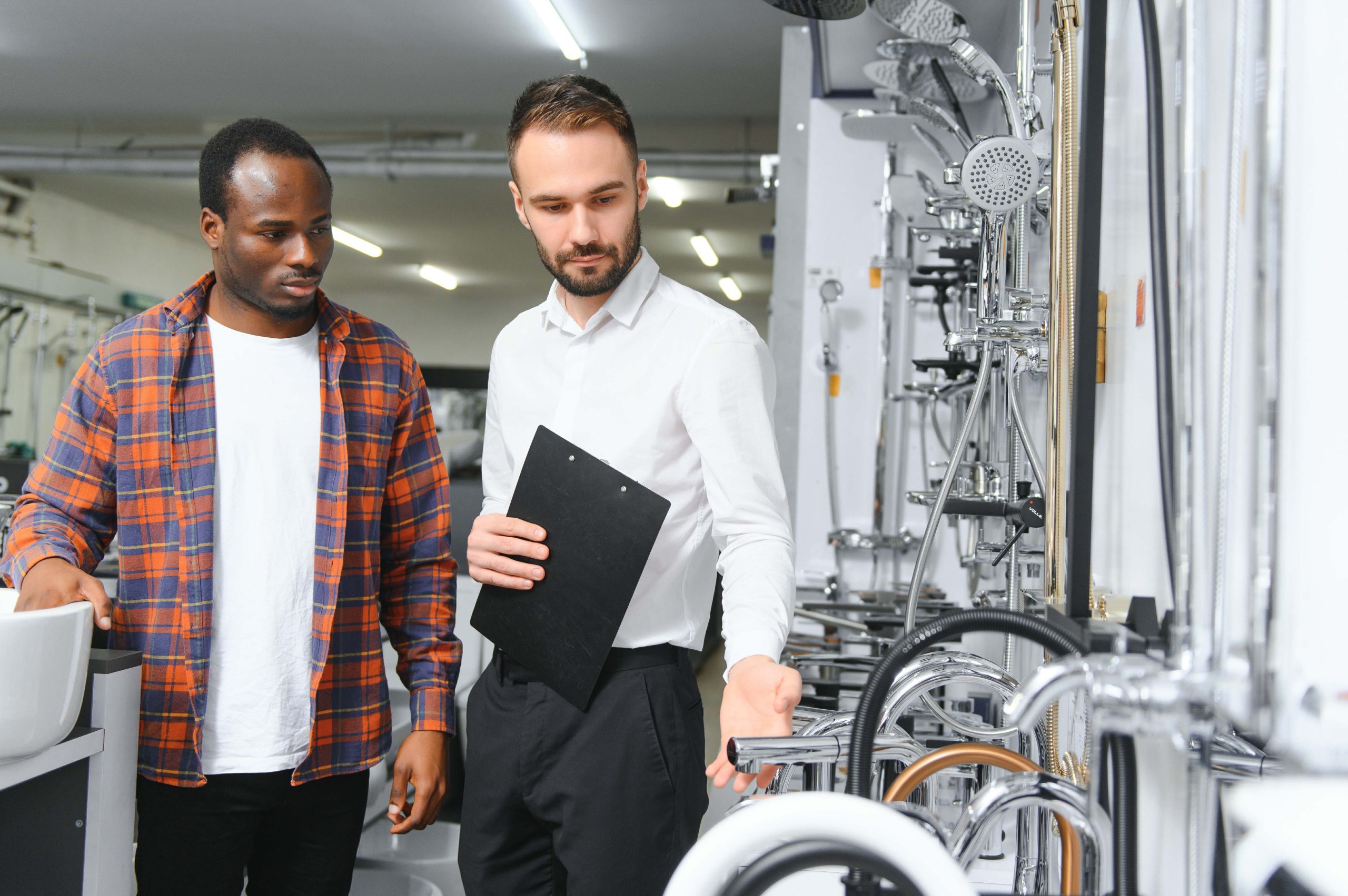 young african man choosing faucets standing with salesman near the showcase of plumbing shop